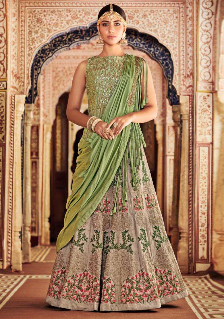 Green Sequins Embroidery Work Silk Lehenga Set - Indya