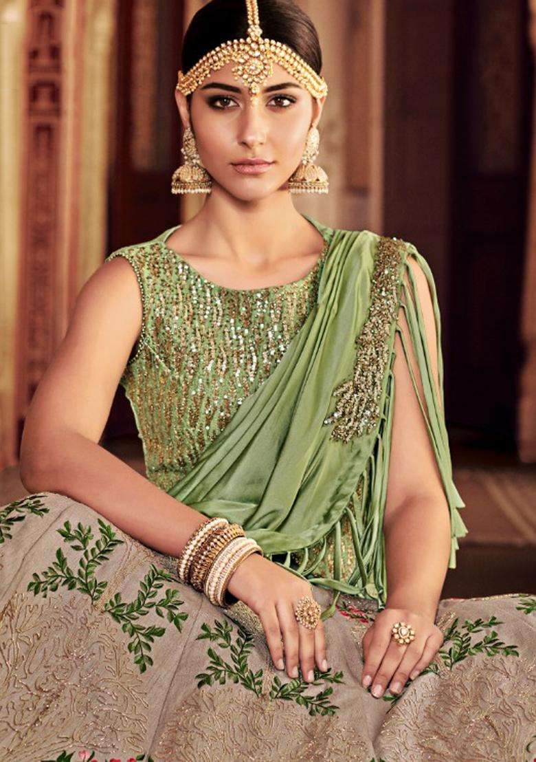 Green Sequins Embroidery Work Silk Lehenga Set - Indya