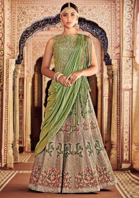 Green Sequins Embroidery Work Silk Lehenga Set