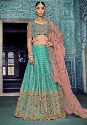 Turquoise Sequins Embroidery Work Net Lehenga Set