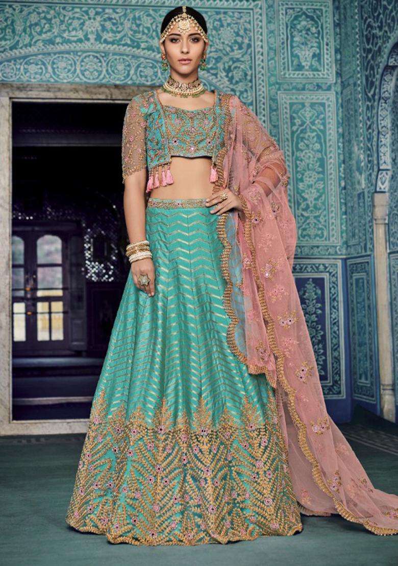 Turquoise Sequins Embroidery Work Net Lehenga Set - Indya