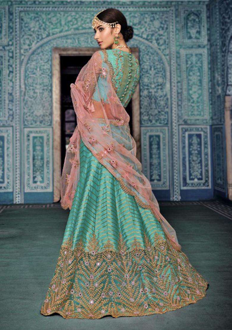 Turquoise Sequins Embroidery Work Net Lehenga Set - Indya