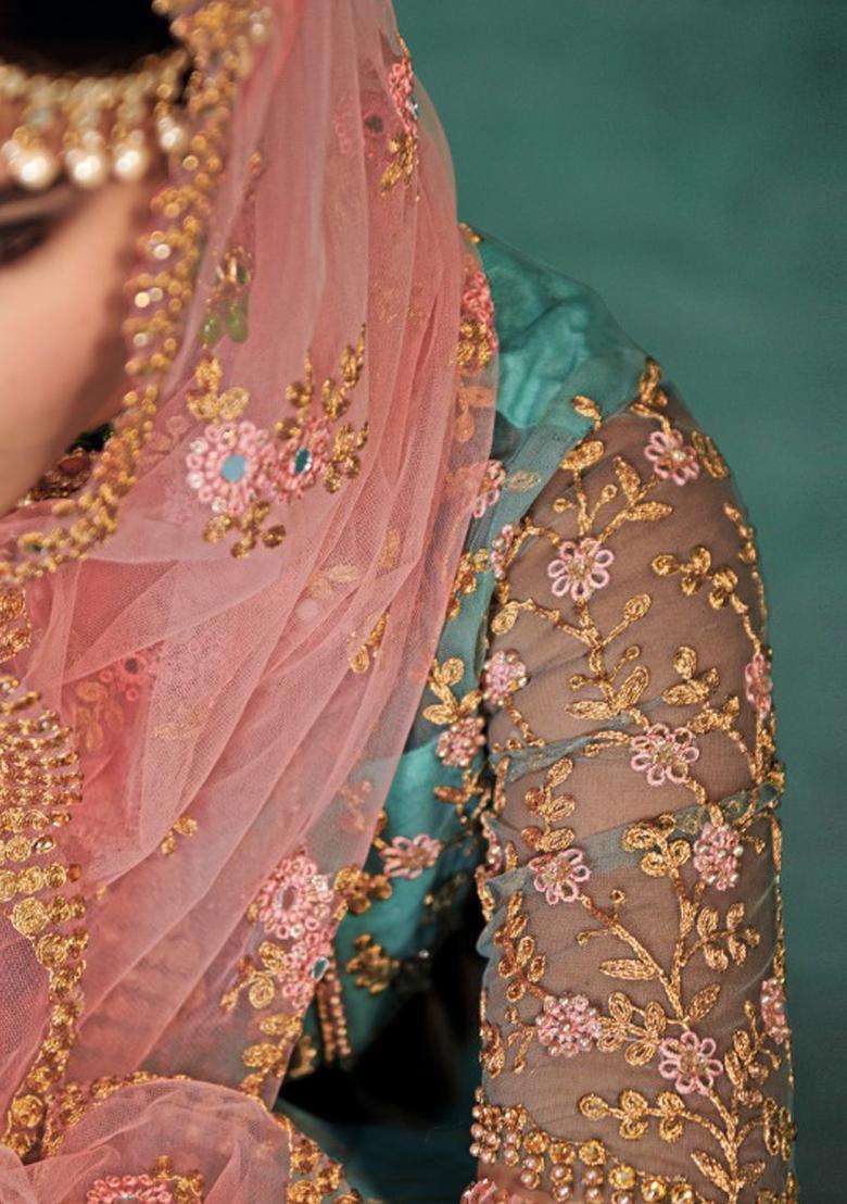 Turquoise Sequins Embroidery Work Net Lehenga Set - Indya