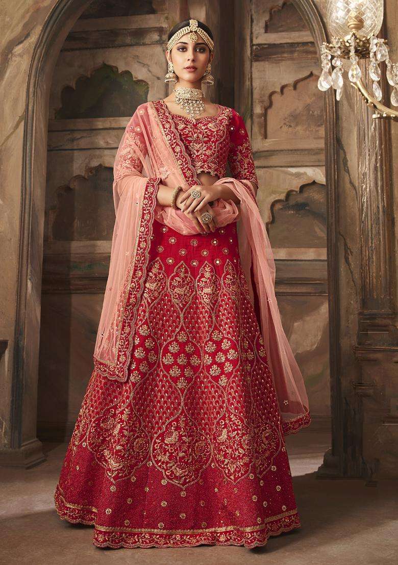 Red Sequins Embroidery Work Silk Lehenga Set - Indya