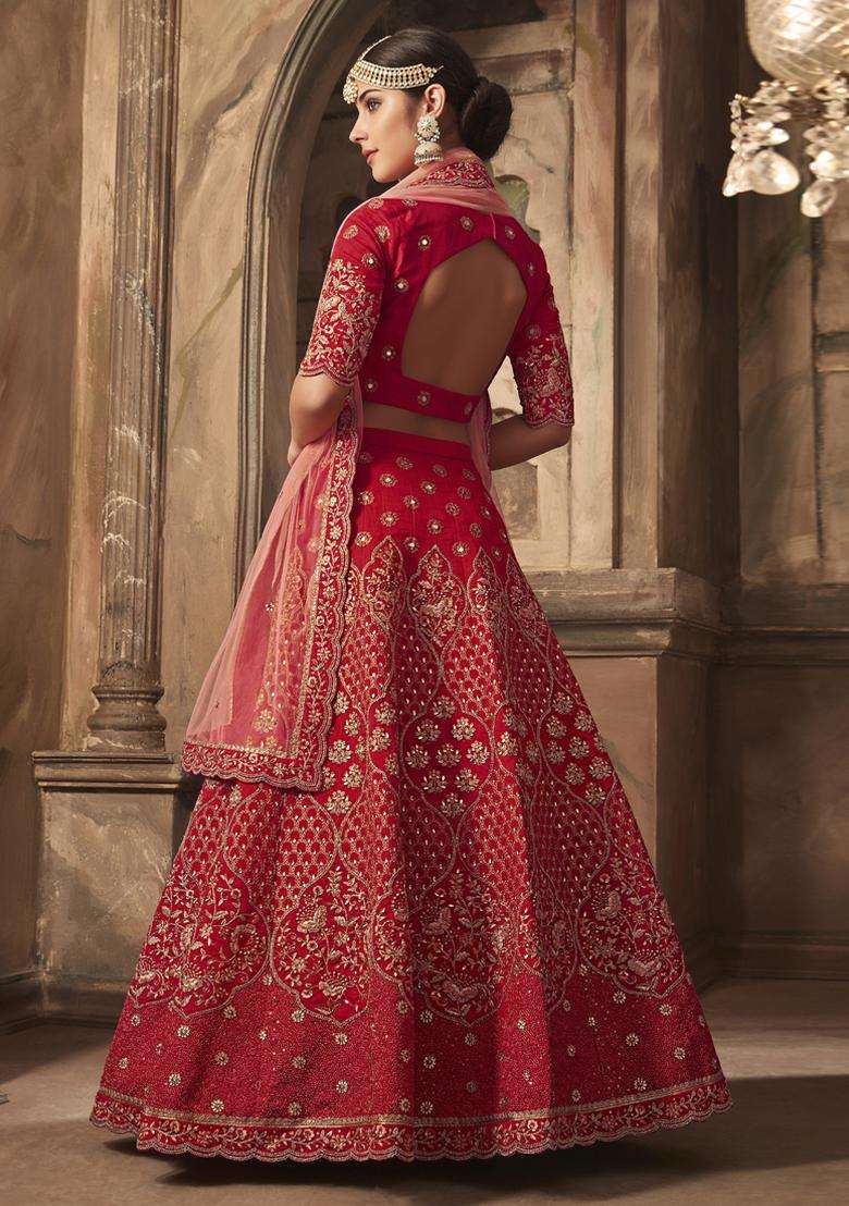 Red Sequins Embroidery Work Silk Lehenga Set - Indya
