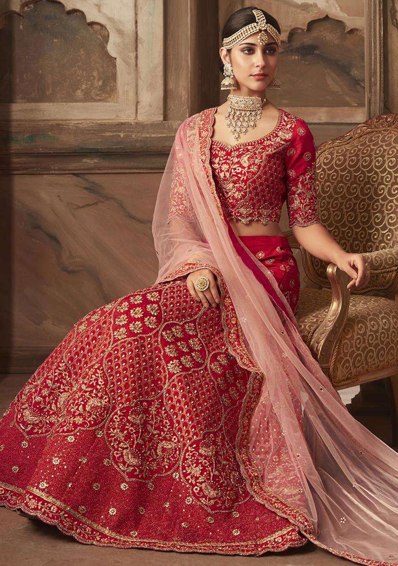 Red Sequins Embroidery Work Silk Lehenga Set - Indya