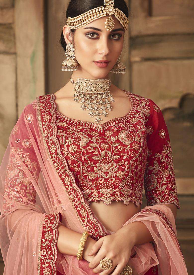 Red Sequins Embroidery Work Silk Lehenga Set - Indya