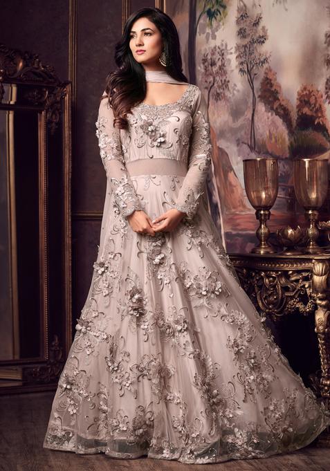 Pink Zari Work Net Lehenga Set