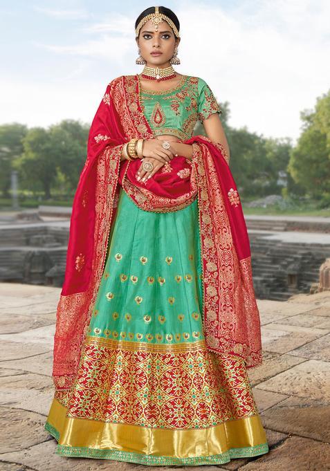 Green Sequins Embroidery Work Banarasi Jacquard Lehenga Set