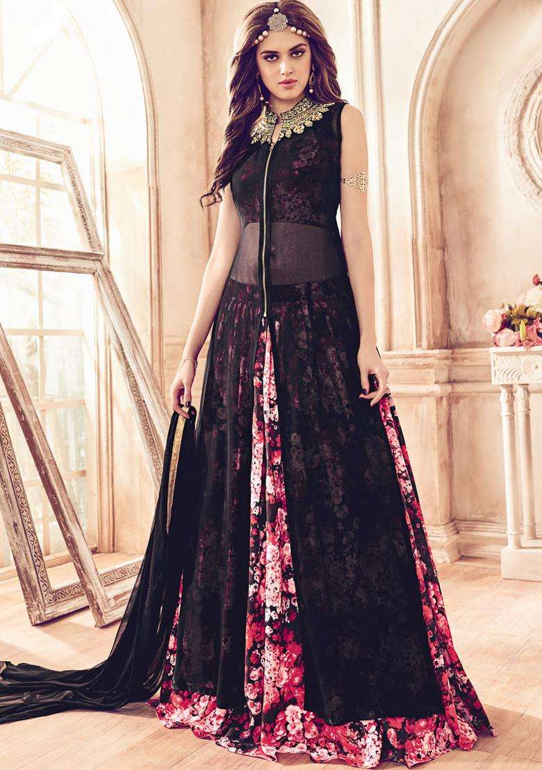 Black Zari Work Georgette Lehenga Set - Indya