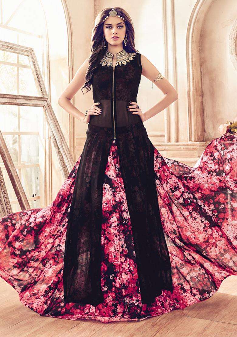 Black Zari Work Georgette Lehenga Set - Indya