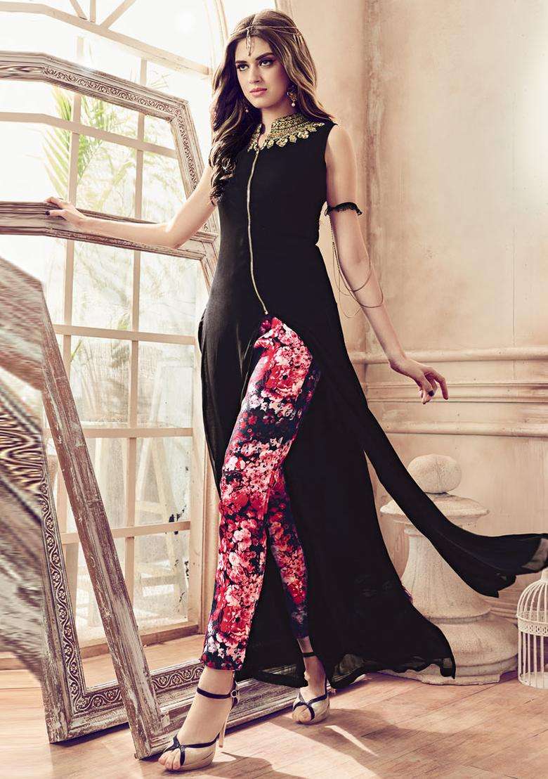 Black Zari Work Georgette Lehenga Set - Indya