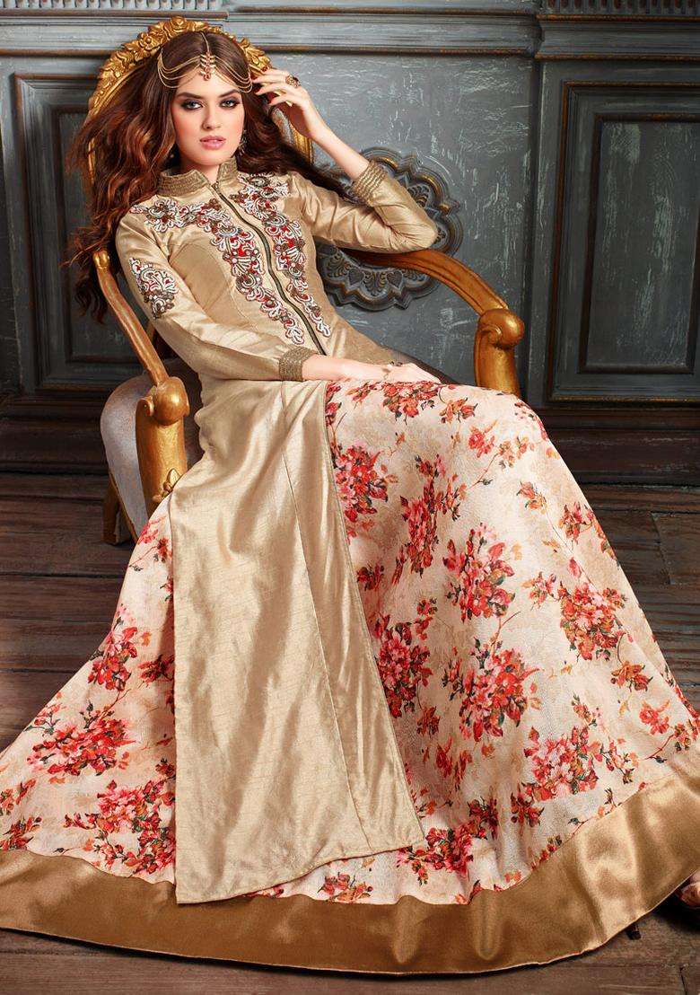Beige Mirror Work Silk Lehenga Set - Indya