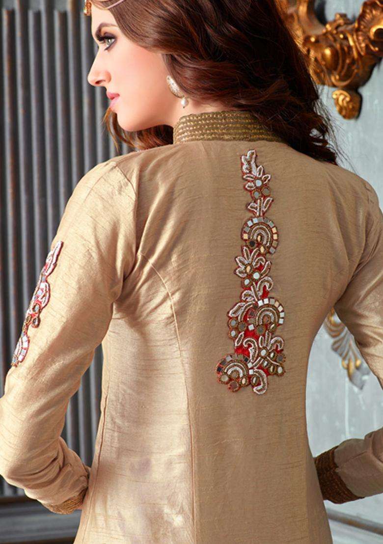 Beige Mirror Work Silk Lehenga Set - Indya