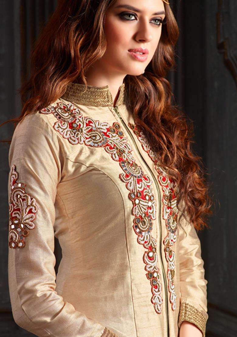 Beige Mirror Work Silk Lehenga Set - Indya