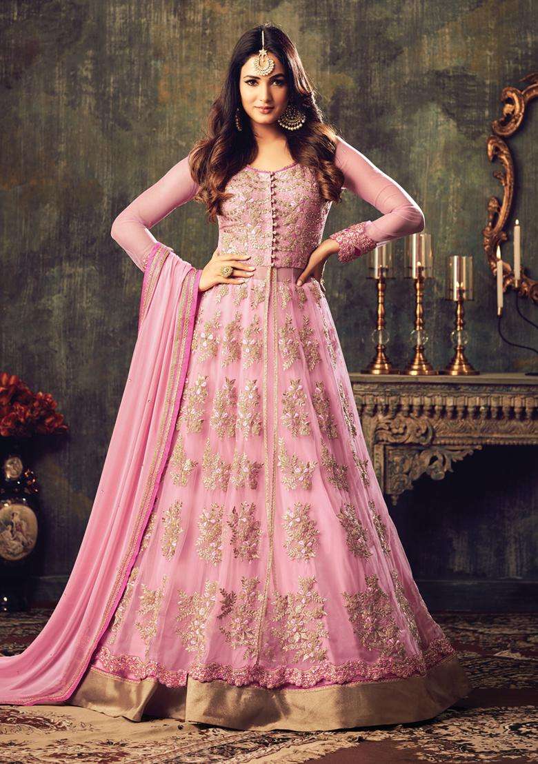 Pink Sequins Embroidery Work Net Lehenga Set - Indya