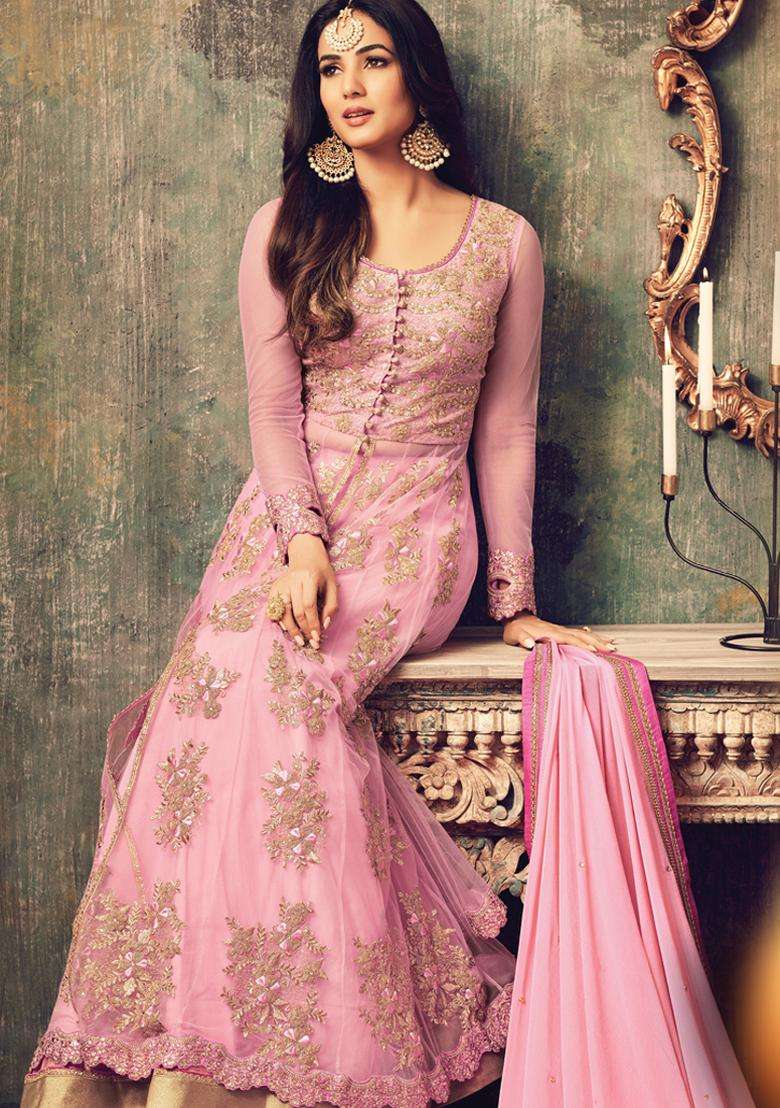 Pink Sequins Embroidery Work Net Lehenga Set - Indya