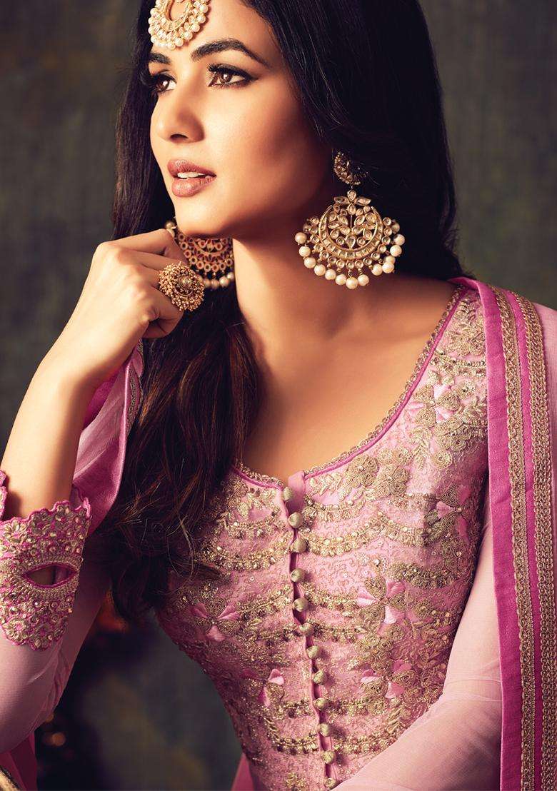 Pink Sequins Embroidery Work Net Lehenga Set - Indya