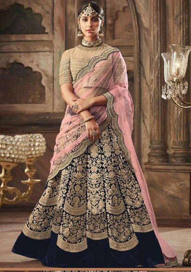 Beige Mirror Work Net Lehenga Set - Indya