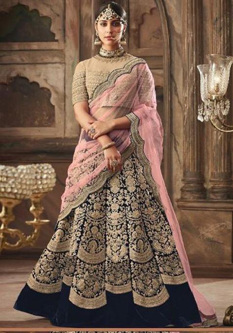 Beige Mirror Work Net Lehenga Set