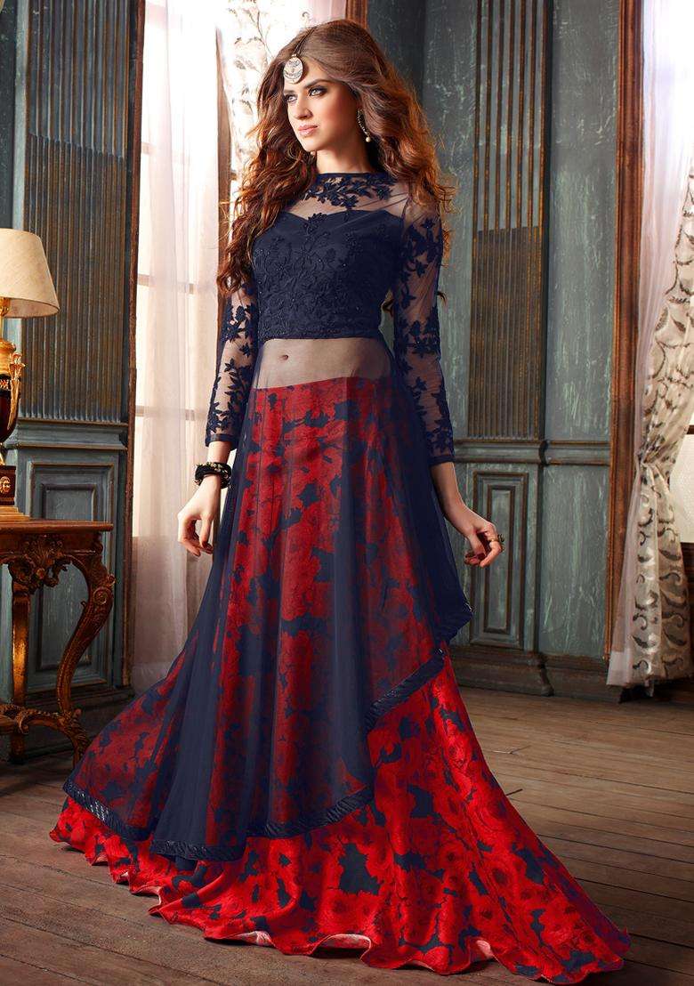 Blue Sequins Embroidery Work Net Lehenga Set - Indya