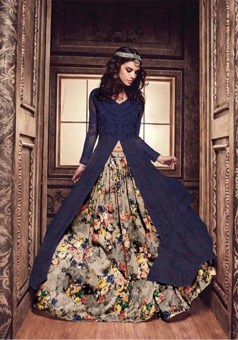 Blue Digital Print Georgette Lehenga Set
