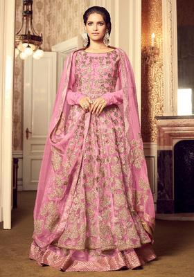 Pink Embroidery Net Lehenga Set