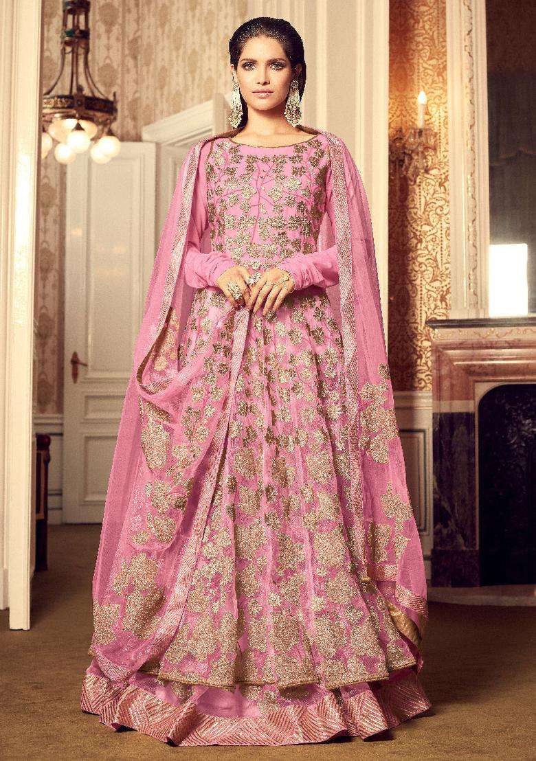 Pink Embroidery Net Lehenga Set - Indya
