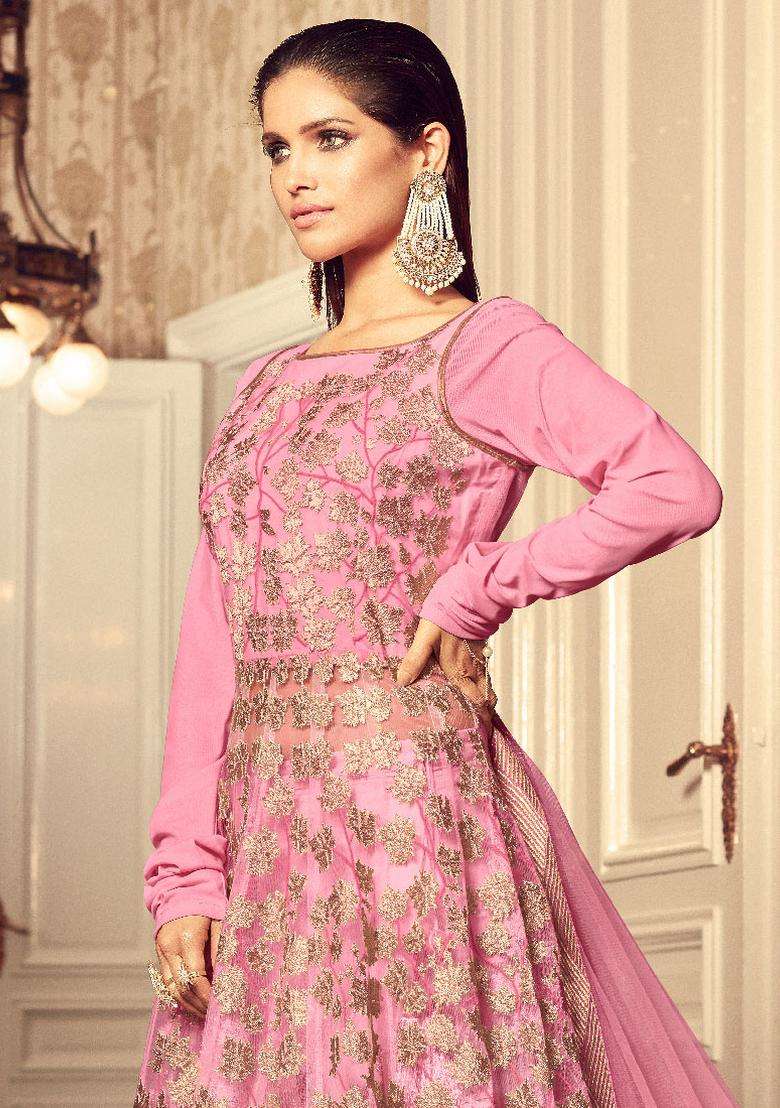 Pink Embroidery Net Lehenga Set - Indya