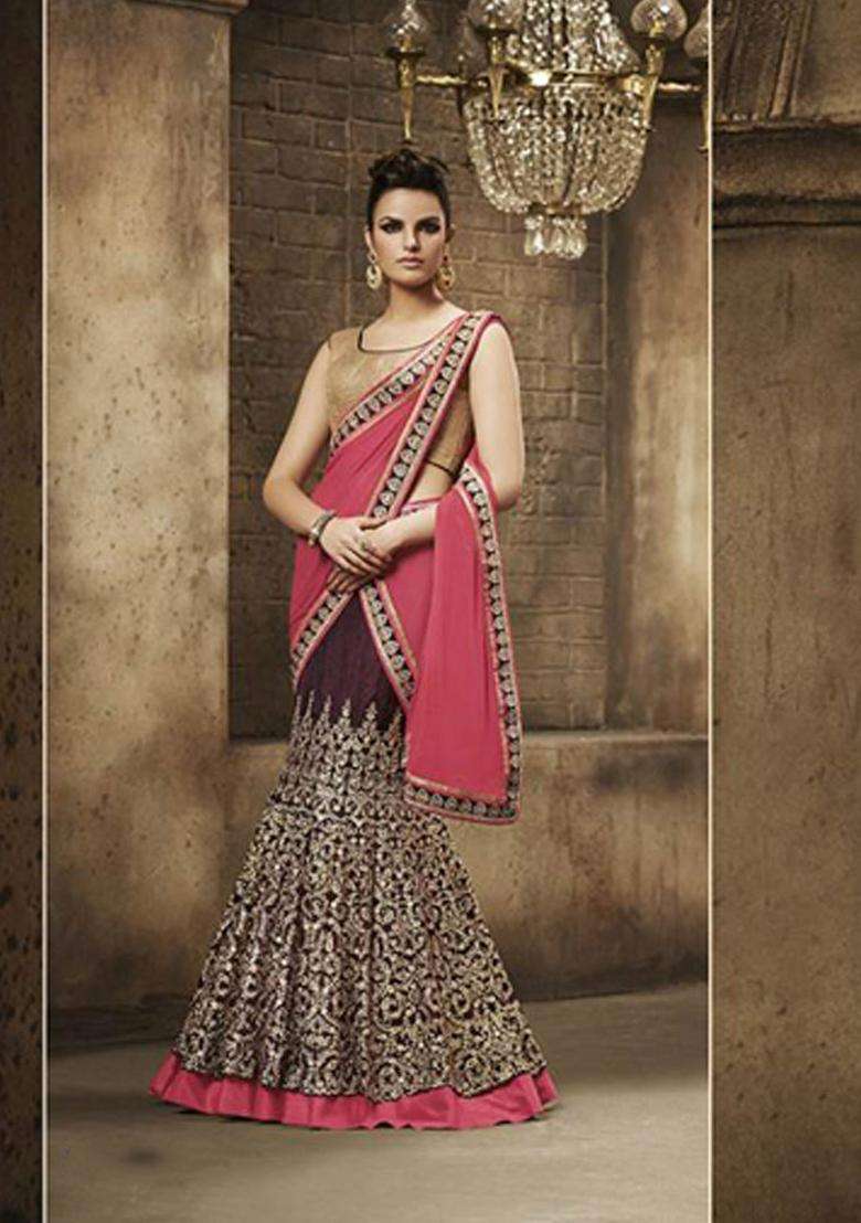 Beige Embroidery Silk Lehenga Set - Indya