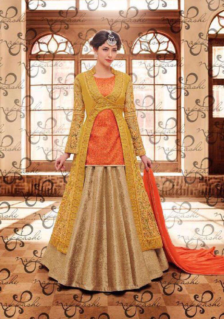 Beige Embroidery Silk Lehenga Set - Indya