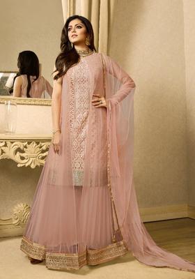 Peach Sequins Embroidery Work Net Lehenga Set