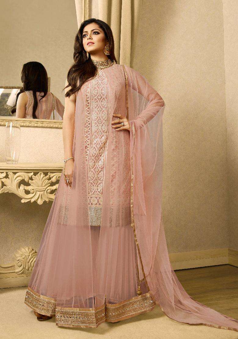 Peach Sequins Embroidery Work Net Lehenga Set - Indya