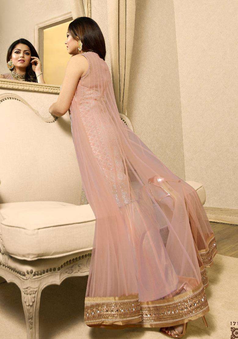 Peach Sequins Embroidery Work Net Lehenga Set - Indya