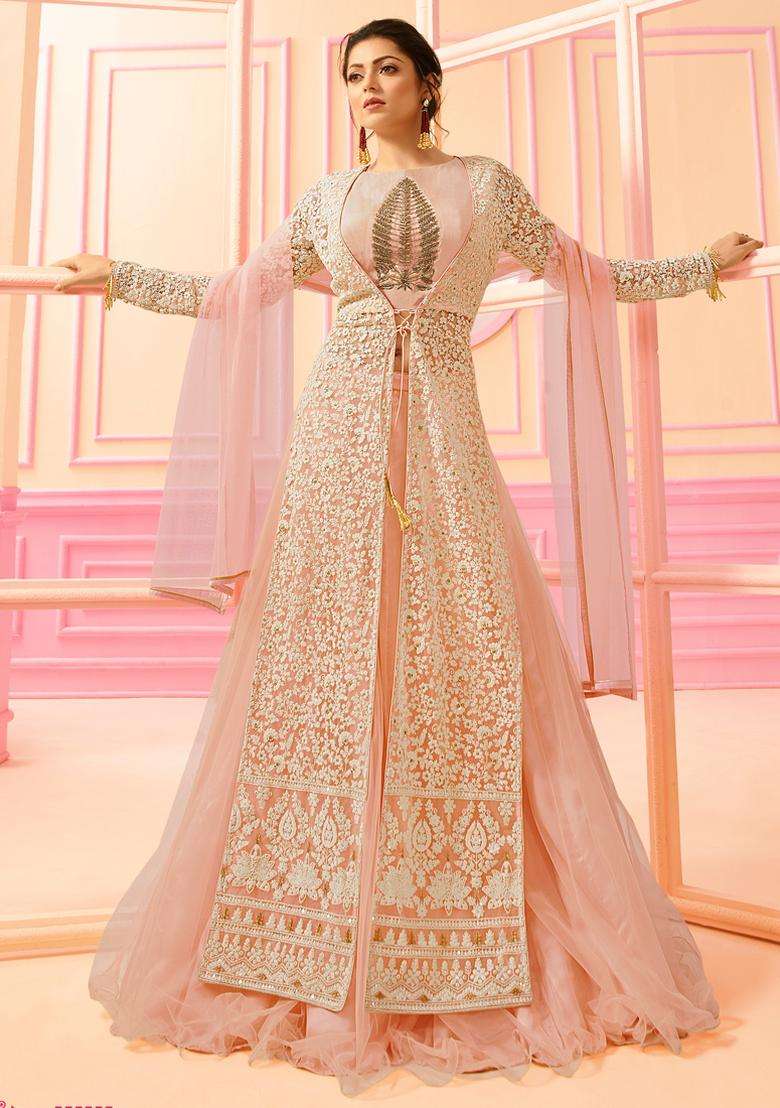 Pink Sequins Embroidery Work Net Lehenga Set - Indya