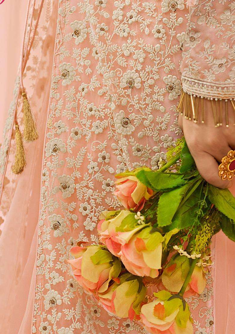 Pink Sequins Embroidery Work Net Lehenga Set - Indya