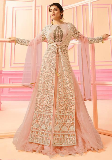 Pink Sequins Embroidery Work Net Lehenga Set
