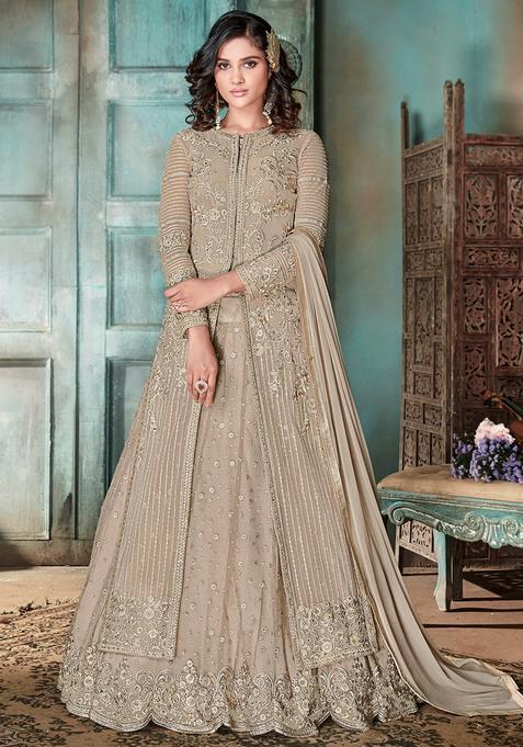 Beige Embroidery Net Lehenga Set