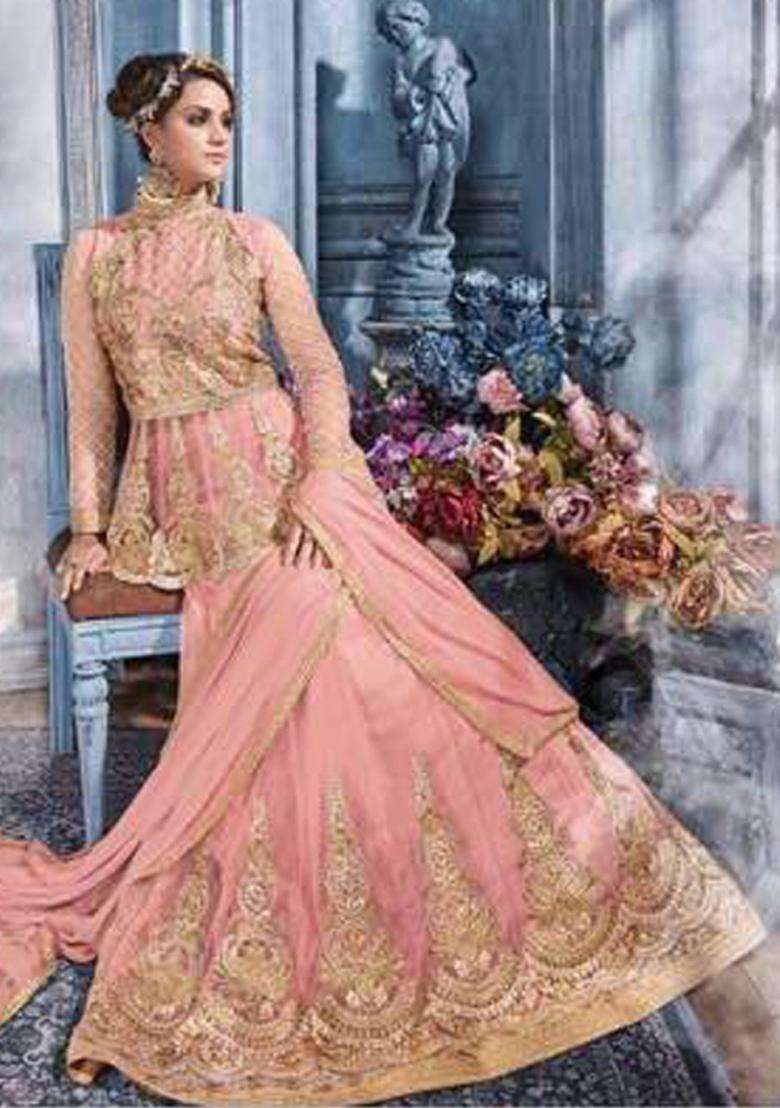 Pink Embroidery Net Lehenga Set - Indya