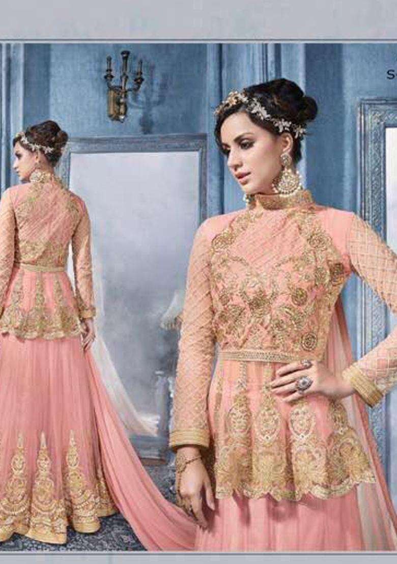 Pink Embroidery Net Lehenga Set - Indya