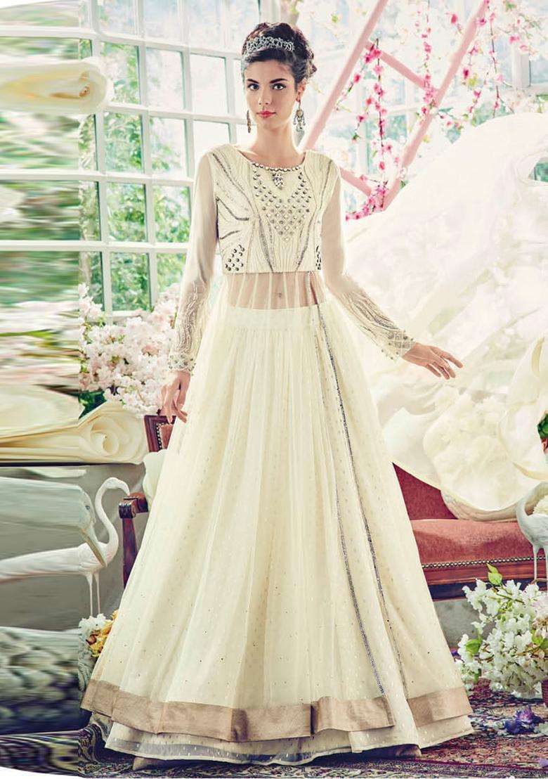 Cream Sequins Embroidery Work Net Lehenga Set - Indya