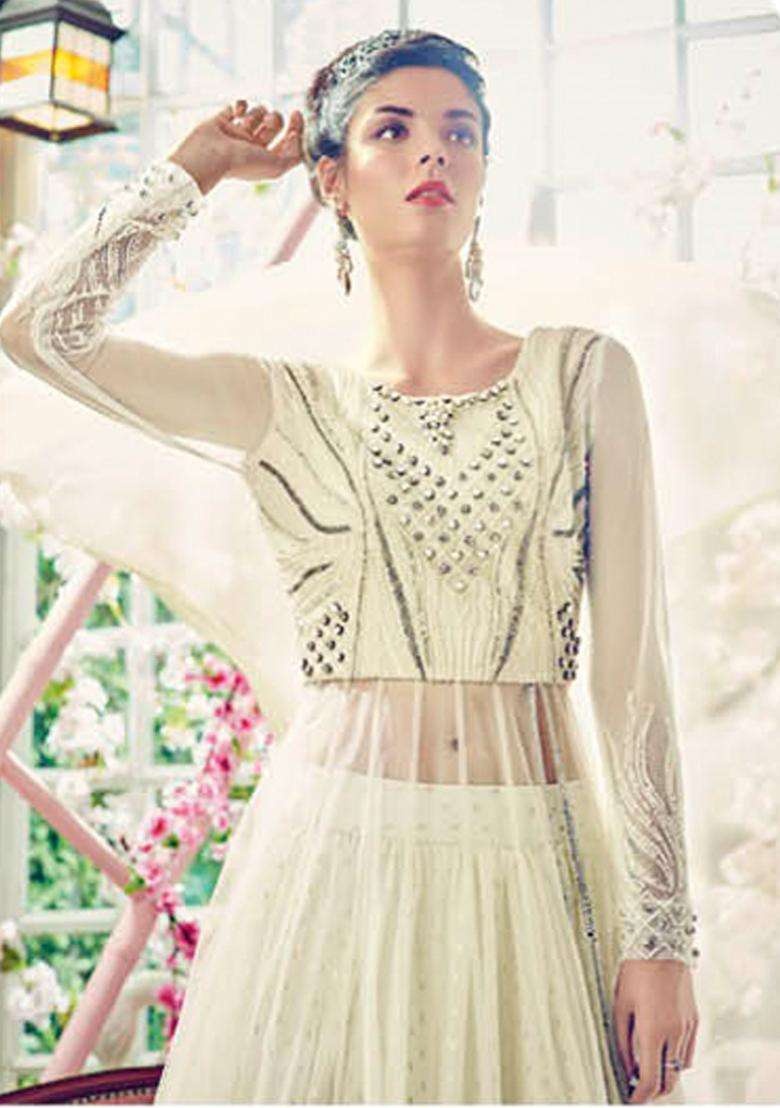 Cream Sequins Embroidery Work Net Lehenga Set - Indya