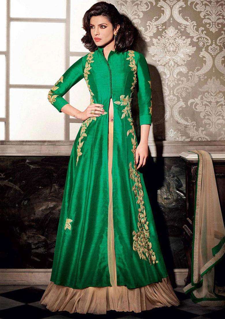 Green Embroidery Silk Lehenga Set - Indya