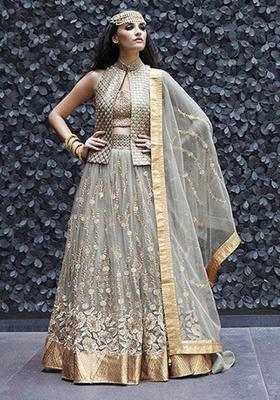 Grey Embroidery Net Lehenga Set