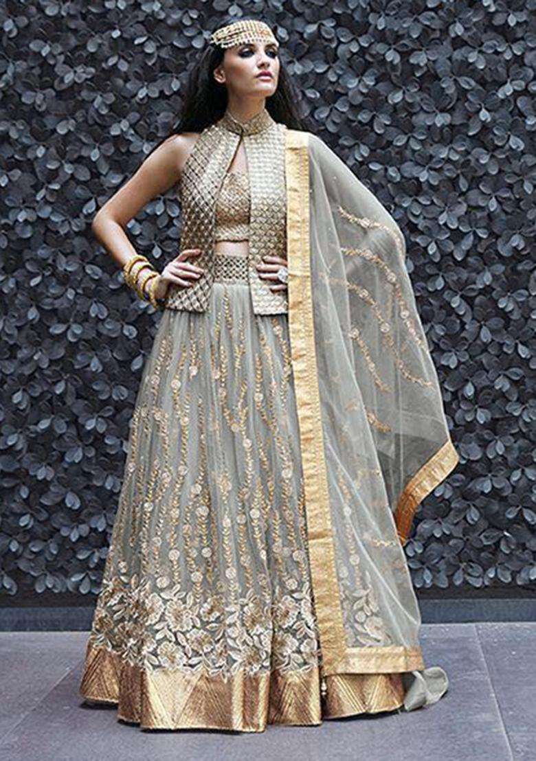 Grey Embroidery Net Lehenga Set - Indya