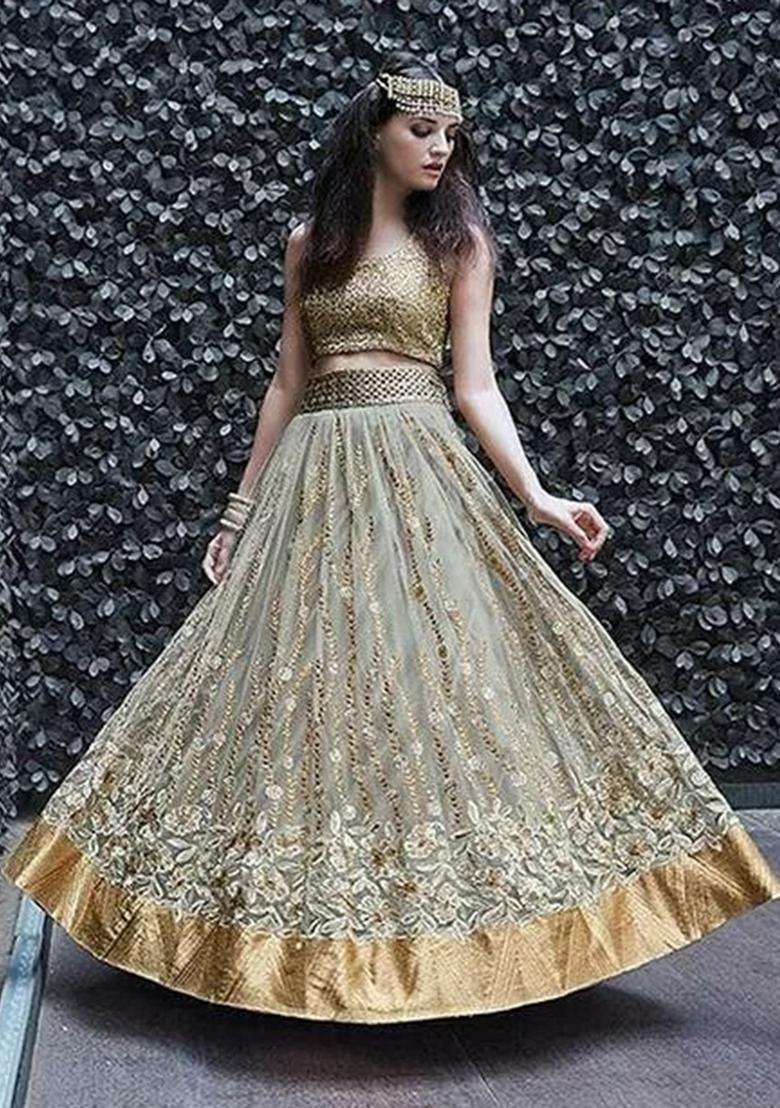 Grey Embroidery Net Lehenga Set - Indya