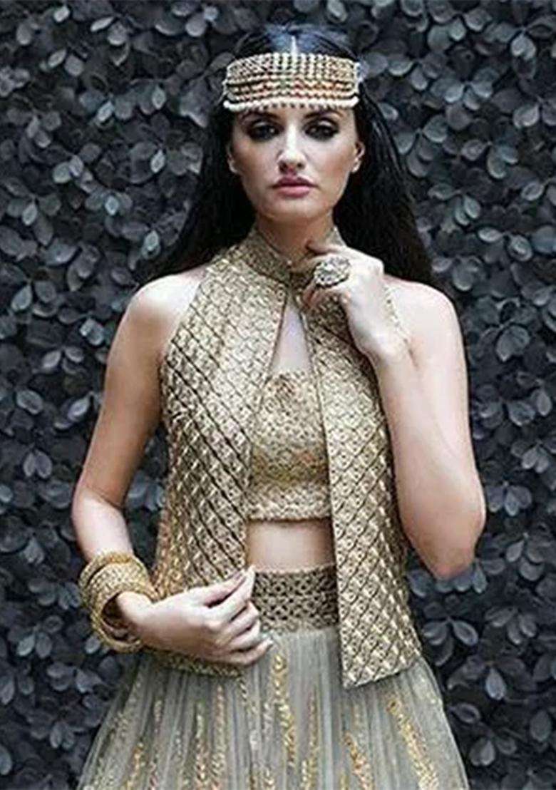 Grey Embroidery Net Lehenga Set - Indya
