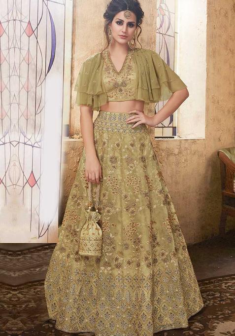 olive Embroidery Net Lehenga Set