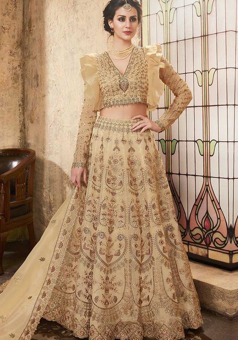 Beige Embroidery Net Lehenga Set