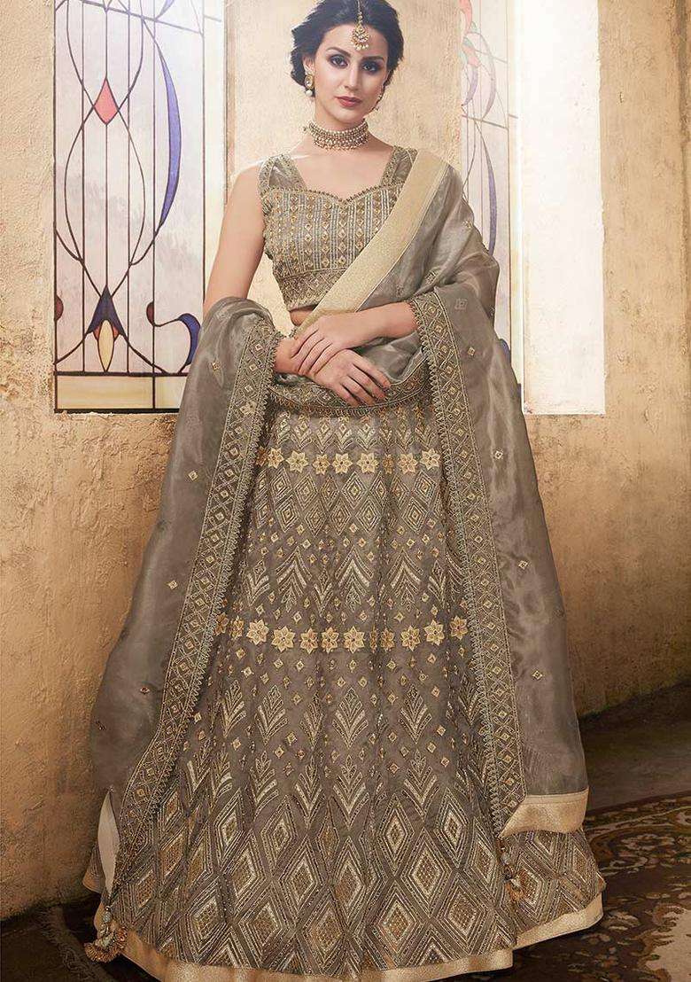 Grey Embroidery Net Lehenga Set - Indya